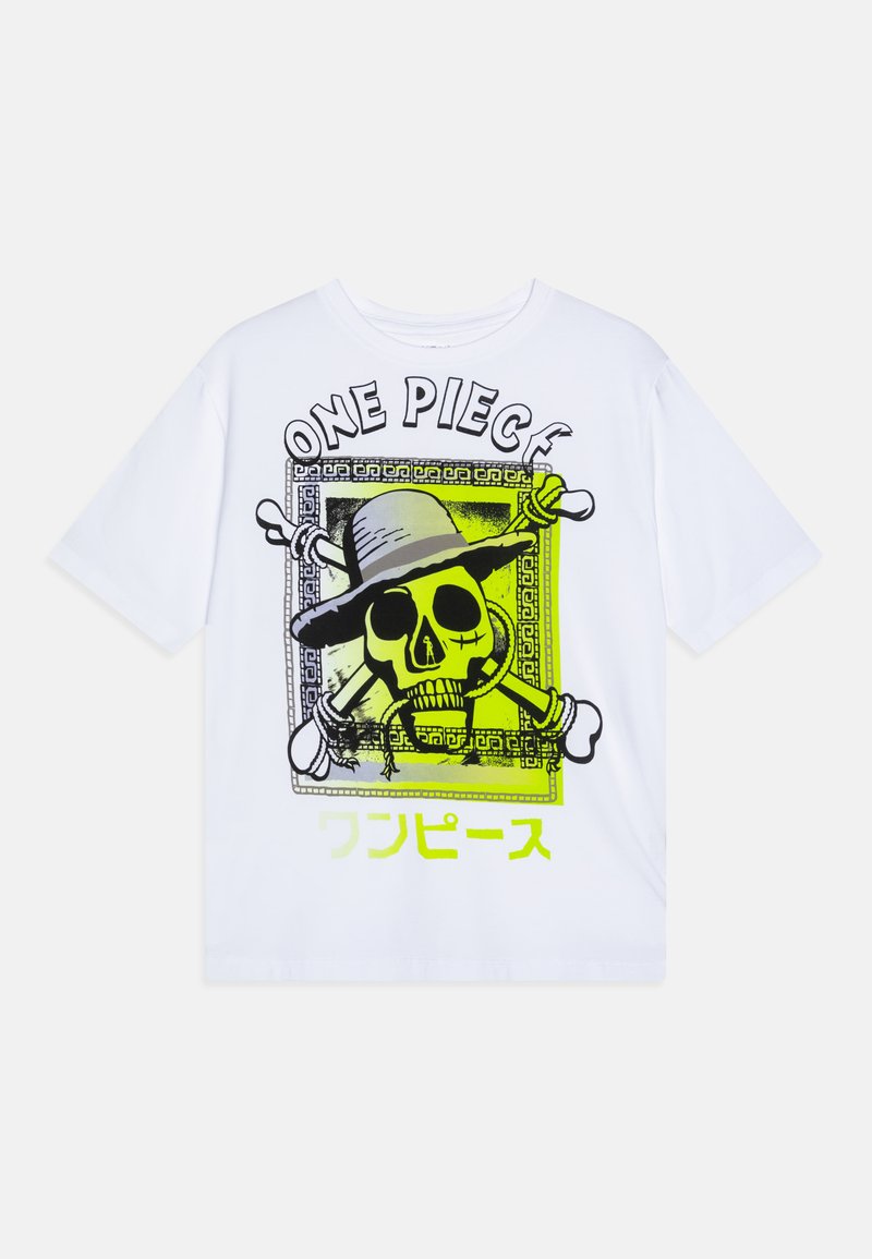 T-shirt branca de algodão com um design gráfico apresentando uma caveira, ossos cruzados e o texto "ONE PIECE" em preto e verde neon. Design com contorno quadrado.