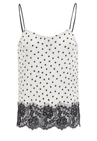 Camisola bianca con pois neri, caratterizzata da spalline nere regolabili e un bordo in pizzo nero all'orlo. Tessuto strutturato con coste.