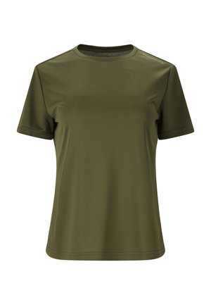 T-shirt de sport à manches courtes, col rond, vert olive avec tissu texturé subtil et petit texte "ENDURANCE" sur l'épaule droite.