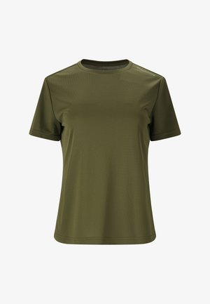 T-shirt de sport à manches courtes, col rond, vert olive avec tissu texturé subtil et petit texte "ENDURANCE" sur l'épaule droite.