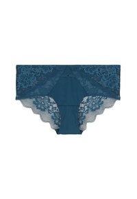 Des culottes hipster en dentelle bleu-vert et tissu, ornées de bordures en dentelle florale, de bords festonnés et d'un motif géométrique à l'arrière avec un petit détail de fermoir.
