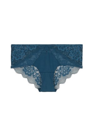Des culottes hipster en dentelle bleu-vert et tissu, ornées de bordures en dentelle florale, de bords festonnés et d'un motif géométrique à l'arrière avec un petit détail de fermoir.