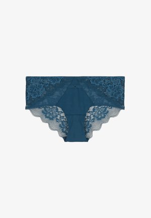 Des culottes hipster en dentelle bleu-vert et tissu, ornées de bordures en dentelle florale, de bords festonnés et d'un motif géométrique à l'arrière avec un petit détail de fermoir.