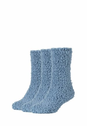 Calzini morbidi e blu chiaro con una lunga texture pelosa. Set di tre paia, con un'apertura a coste e un design a punta arrotondata.