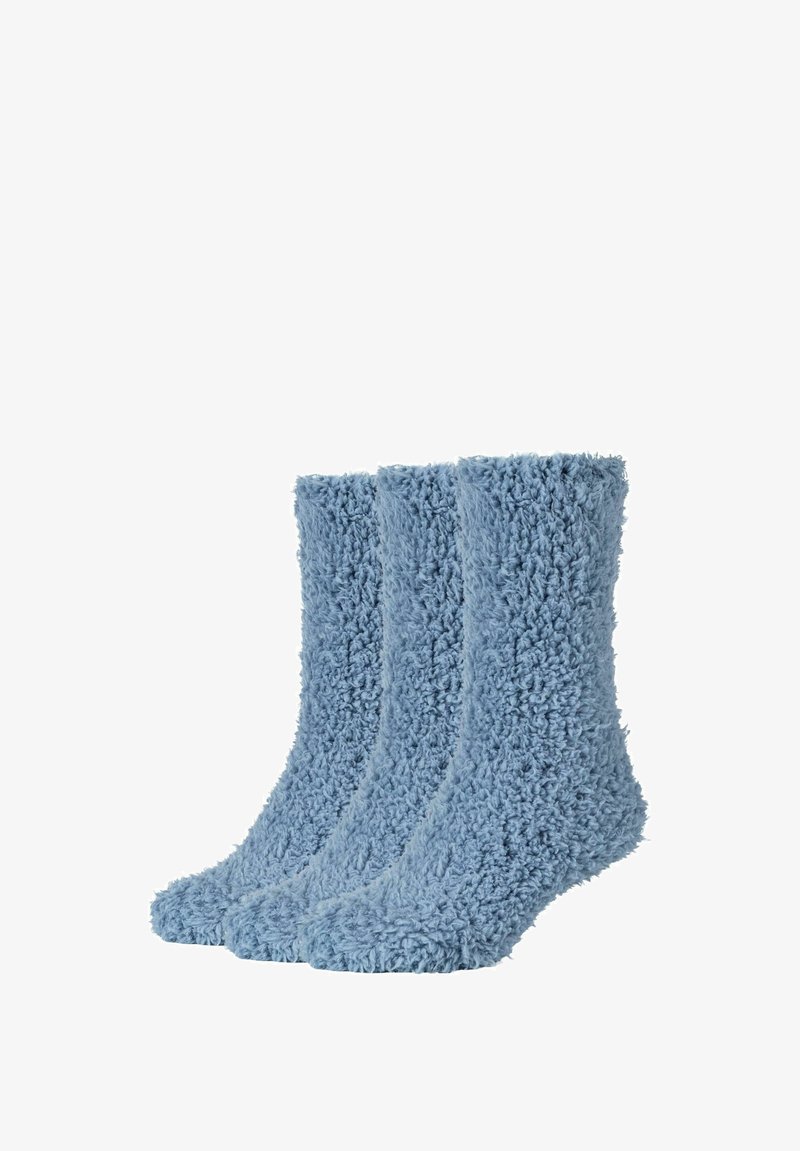 Calzini morbidi e blu chiaro con una lunga texture pelosa. Set di tre paia, con un'apertura a coste e un design a punta arrotondata.