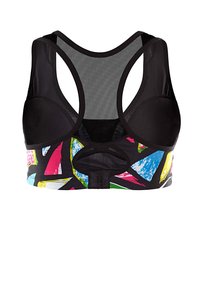 Sport-BH mit einem bunten geometrischen Muster in Pink, Blau und Gelb. Schwarzer Mesh-Rücken mit einem Schlitz und weichen Cups. Hakenverschluss.