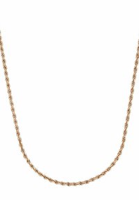 Guldfarvet kædehalssmykke med sammenflettede led og en glat, poleret overflade. Simpelt design med et ensartet mønster hele vejen igennem.