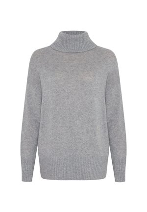 Gray turtleneck sweater made of soft knit material. Features a ribbed collar and hem, with drop shoulders and a relaxed fit.