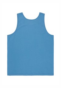 Camiseta sin mangas de algodón azul con cuello redondo, diseño sin mangas y dobladillo recto. Textura suave sin patrones ni detalles.
