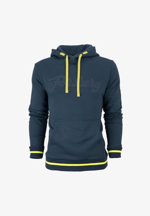 Sweat à capuche bleu marine avec cordons jaunes, bandes jaunes aux poignets et à l'ourlet, et une poche kangourou à l'avant.