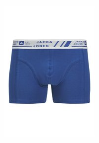Blauwe katoenen boxer briefs met een witte tailleband met het logo en patroon van "JACK & JONES". Elastisch materiaal en een aansluitend ontwerp.