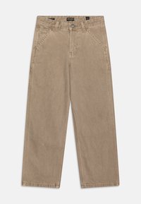 Pantaloni beige a gamba larga realizzati in cotone morbido e resistente. Caratterizzati da tasche frontali, chiusura con bottone e cuciture a vista lungo le cuciture.