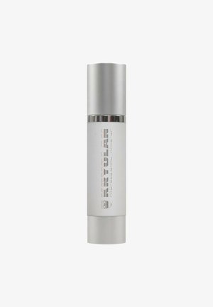 Kryolan professional makeup pump bottle, cylindrical shape, matte white finish with silver accents and engraved logo, sleek design.