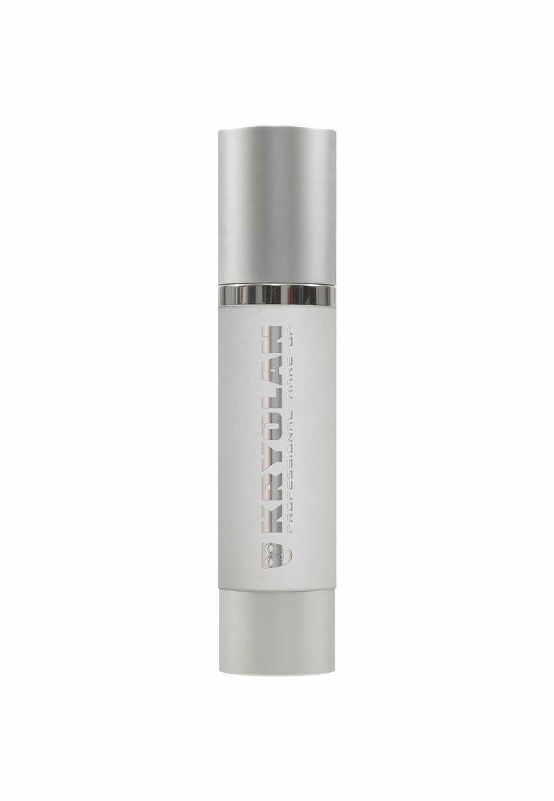 Kryolan professional makeup pump bottle, cylindrical shape, matte white finish with silver accents and engraved logo, sleek design.
