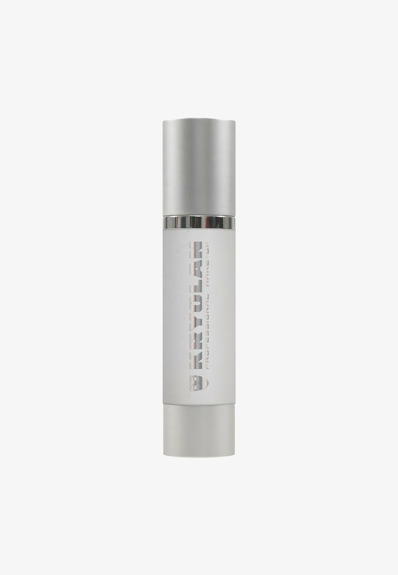 Kryolan professional makeup pump bottle, cylindrical shape, matte white finish with silver accents and engraved logo, sleek design.