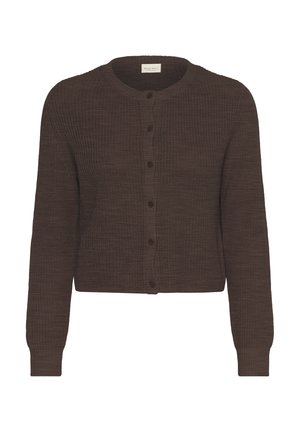 Cárdigan marrón de punto con cuello redondo, mangas largas y cierre de botones. Presenta un tejido texturizado y un diseño corto.