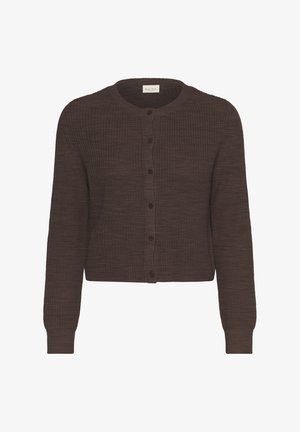 Ruskea, neulottu neuletakki, jossa on pyöreä pääntie, pitkät hihat ja nappikiinnitys. Ominaisuuksiin kuuluu teksturoitu kangas ja lyhyt malli.