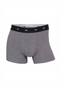 Pantaloni boxers in cotone grigio con una texture morbida, dotati di un elastico in vita nero con la scritta "CR7" in rilievo. Lunghezza a metà coscia e design aderente.