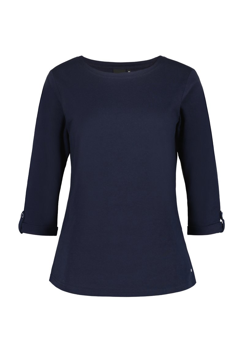 Himmelblaues Langarmshirt aus weicher Baumwolle, mit einem Rundhalsausschnitt und hochgekrempelten Ärmeln mit Knopfakzenten. Klassisches, tailliertes Design.