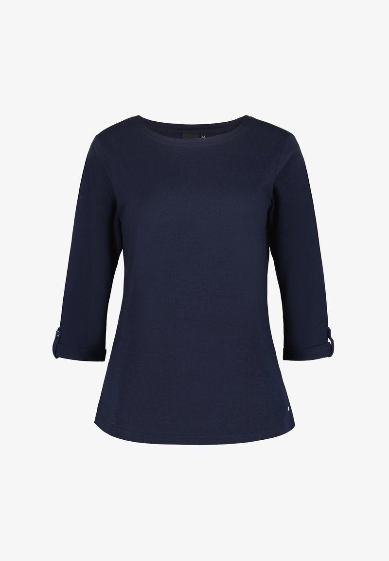 Himmelblaues Langarmshirt aus weicher Baumwolle, mit einem Rundhalsausschnitt und hochgekrempelten Ärmeln mit Knopfakzenten. Klassisches, tailliertes Design.