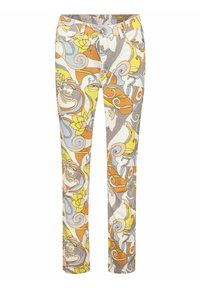 Patterned trousers in lightweight fabric featuring a floral design in orange, yellow, blue, and grey with a fitted shape and pockets.