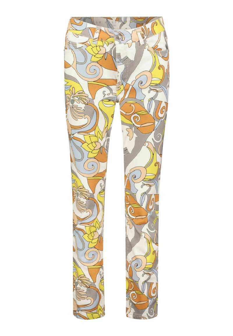 Patterned trousers in lightweight fabric featuring a floral design in orange, yellow, blue, and grey with a fitted shape and pockets.