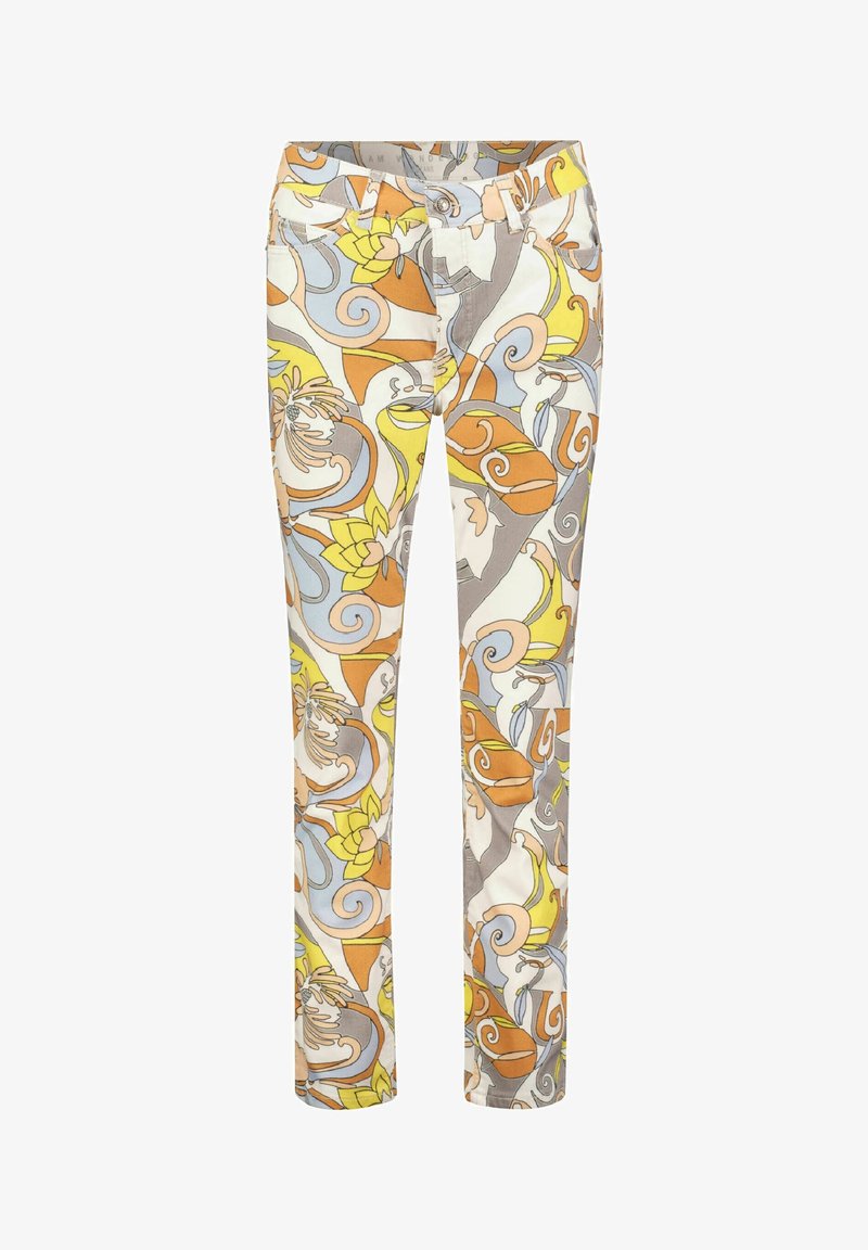 Patterned trousers in lightweight fabric featuring a floral design in orange, yellow, blue, and grey with a fitted shape and pockets.