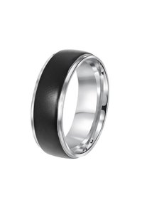 Zwarte keramische ring met een glanzende zilveren metalen rand. Het ontwerp is soepel met een licht afgeronde vorm en een matte afwerking op het oppervlak.