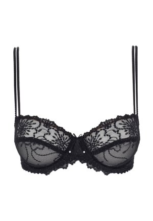Soutien-gorge noir en dentelle avec armatures, broderie florale, bretelles doubles fines et petit nœud central.