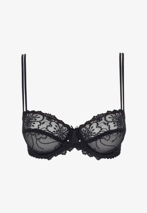 Black lace underwire bra with floral embroidery, double thin shoulder straps, and a small central bow detail.