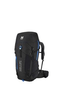 Schwarzer Rucksack mit blauen Akzenten, ausgestattet mit verstellbaren Trägern, Reißverschlusstaschen und einer strapazierfähigen Stoffoberfläche. Markenlogo gut sichtbar.