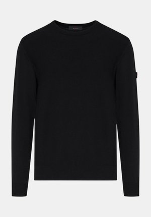 Schwarzer Crewneck-Pullover mit langen Ärmeln und gerippten Bündchen sowie Saum, mit einem kleinen Logo-Patch am oberen linken Ärmel.