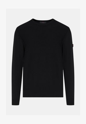 Schwarzer Crewneck-Pullover mit langen Ärmeln und gerippten Bündchen sowie Saum, mit einem kleinen Logo-Patch am oberen linken Ärmel.