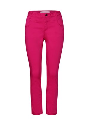 Pink stretch trousers with a slim fit, featuring a button closure, two front pockets, and a smooth, lightweight cotton blend fabric.