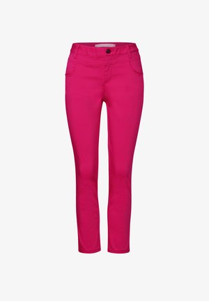 Różowe spodnie stretch w slim fit, z zapięciem na guzik, dwoma przednimi kieszeniami oraz gładkim, lekkim materiałem bawełnianym.