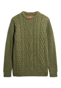 Oliwkowy sweter z dzianiny w warkocze, o okrągłym dekolcie, z teksturowanymi wzorami, ściągaczami na mankietach i dolnym brzegu, z małą metką marki na dole.