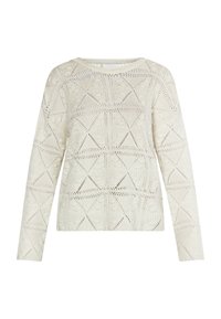 Karmelowy sweter dzianinowy z geometrycznym wzorem, z wykończeniami w formie ażurowych detali, długimi rękawami i okrągłym dekoltem. Miękka faktura.