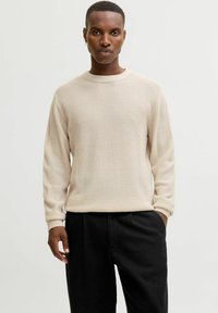 Pull en beige texturé avec un col rond et des poignets côtelés, associé à un pantalon noir. Design simple adapté à une tenue décontractée.