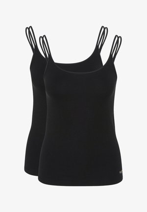 Schwarze Tanktops mit dünnen, doppelten Spaghettiträgern, rundem Ausschnitt, glatter Textur und taillierter Passform. Zwei Einheiten sind im Paket enthalten.