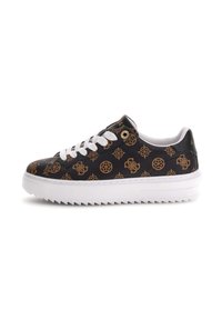 Sneaker nere con superficie texture, dettagli in oro, lacci bianchi e una suola in gomma bianca spessa con bordi seghettati.