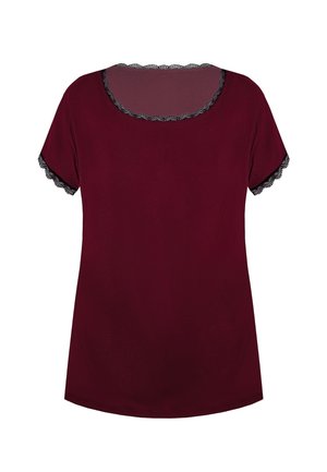 Bordowy krótki top z rękawami, ozdobiony koronką przy dekolcie i rękawach, wykonany z miękkiego materiału, z luźnym krojem i zaokrąglonym dołem.