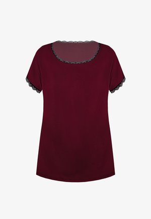 Bordowy krótki top z rękawami, ozdobiony koronką przy dekolcie i rękawach, wykonany z miękkiego materiału, z luźnym krojem i zaokrąglonym dołem.