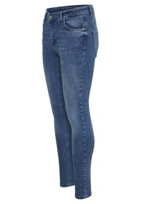 Dámské skinny denimové džíny v tmavě modré barvě, s hladkým povrchem, přední kapsou a minimem vyšívaných detailů.