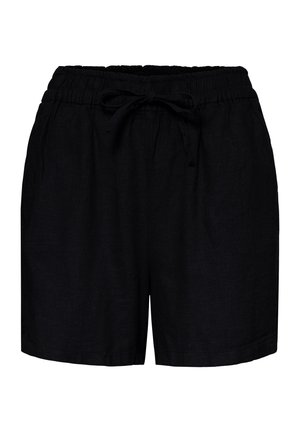 Zwarte casual korte broek met elastische tailleband en vooraan gestrikte koord, gemaakt van lichtgewicht stof.