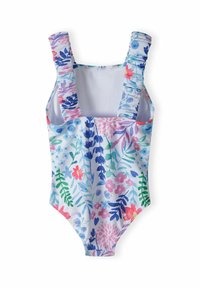 Én-delt badedragt med et blomsterdesign i pink, blå og grøn. Har bølgede skulderstropper og blødt, strækbart stof.