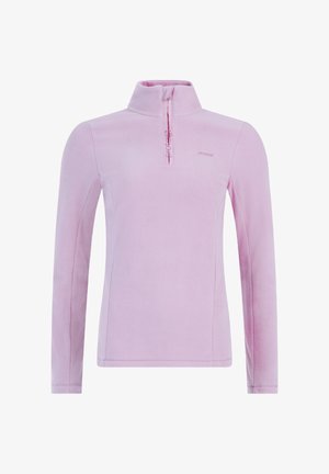 Light pink fleece pullover with long sleeves, high collar, and half-zip front featuring small brand logo on chest and zipper area.