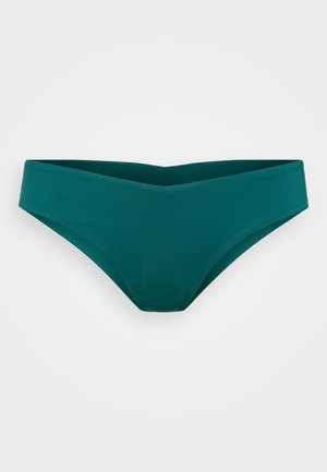 Teal bikini bottom with a smooth texture, featuring a V-shaped front design and wide waistband. No visible patterns or hardware details.
