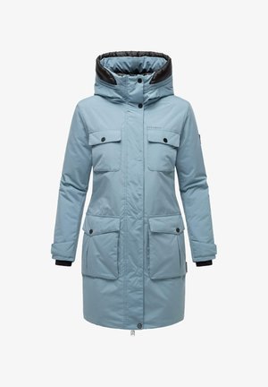 Parka de couleur bleu clair avec une capuche bordée de noir, quatre poches avant et des poignets réglables. Fabriqué en tissu lisse et résistant à l'eau.