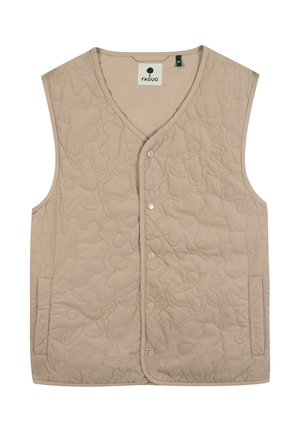 Veste matelassée beige avec coutures florales abstraites, fermeture à pression à l'avant, poches latérales et col en V, taille moyenne par Faguo.