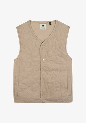 Veste matelassée beige avec coutures florales abstraites, fermeture à pression à l'avant, poches latérales et col en V, taille moyenne par Faguo.
